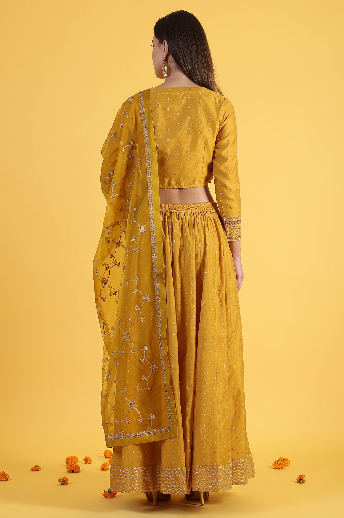 Yellow Metallic Embroidery Crop Top & Skirt with Dupatta Set