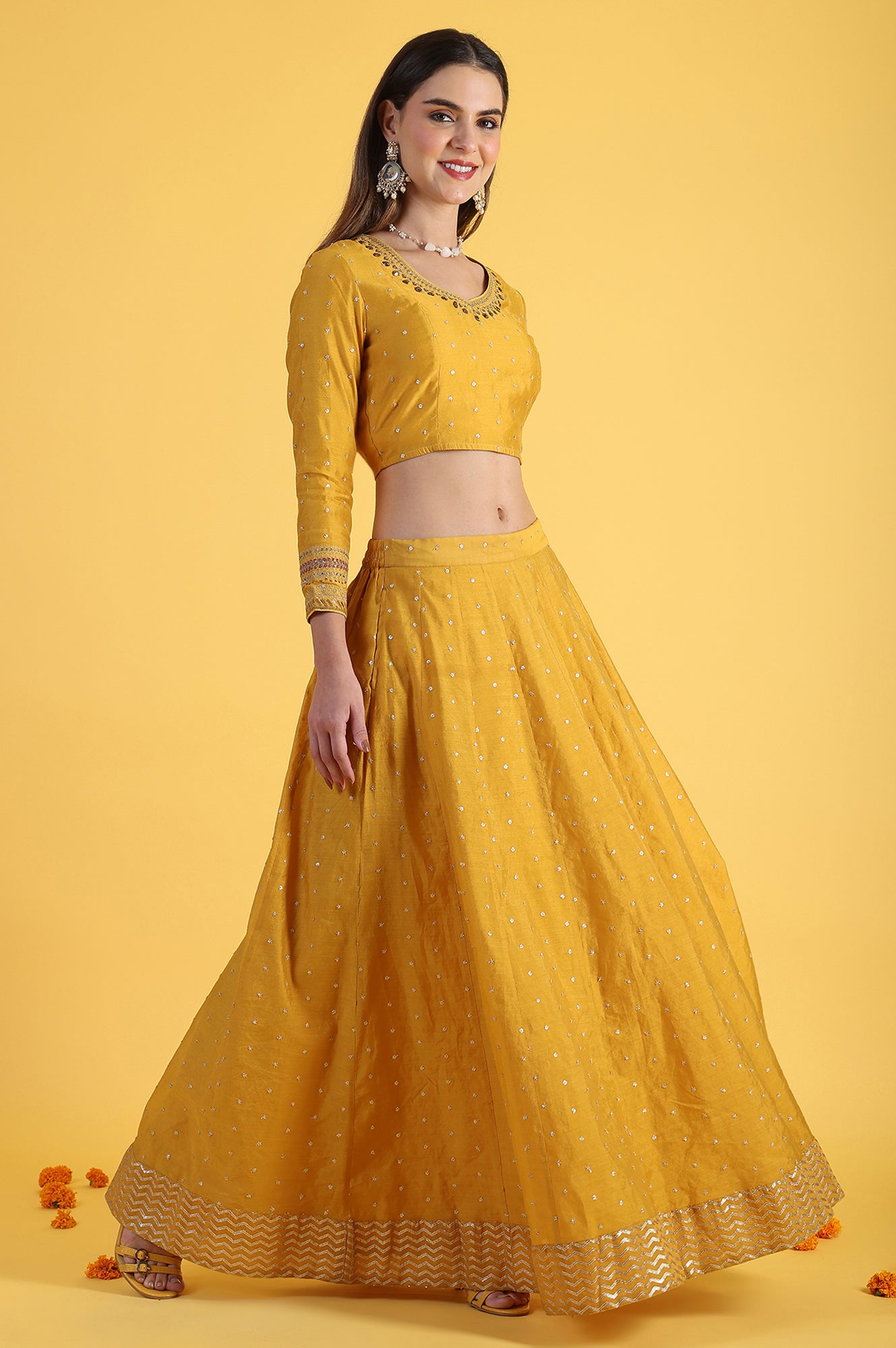 Yellow Metallic Embroidery Crop Top & Skirt with Dupatta Set