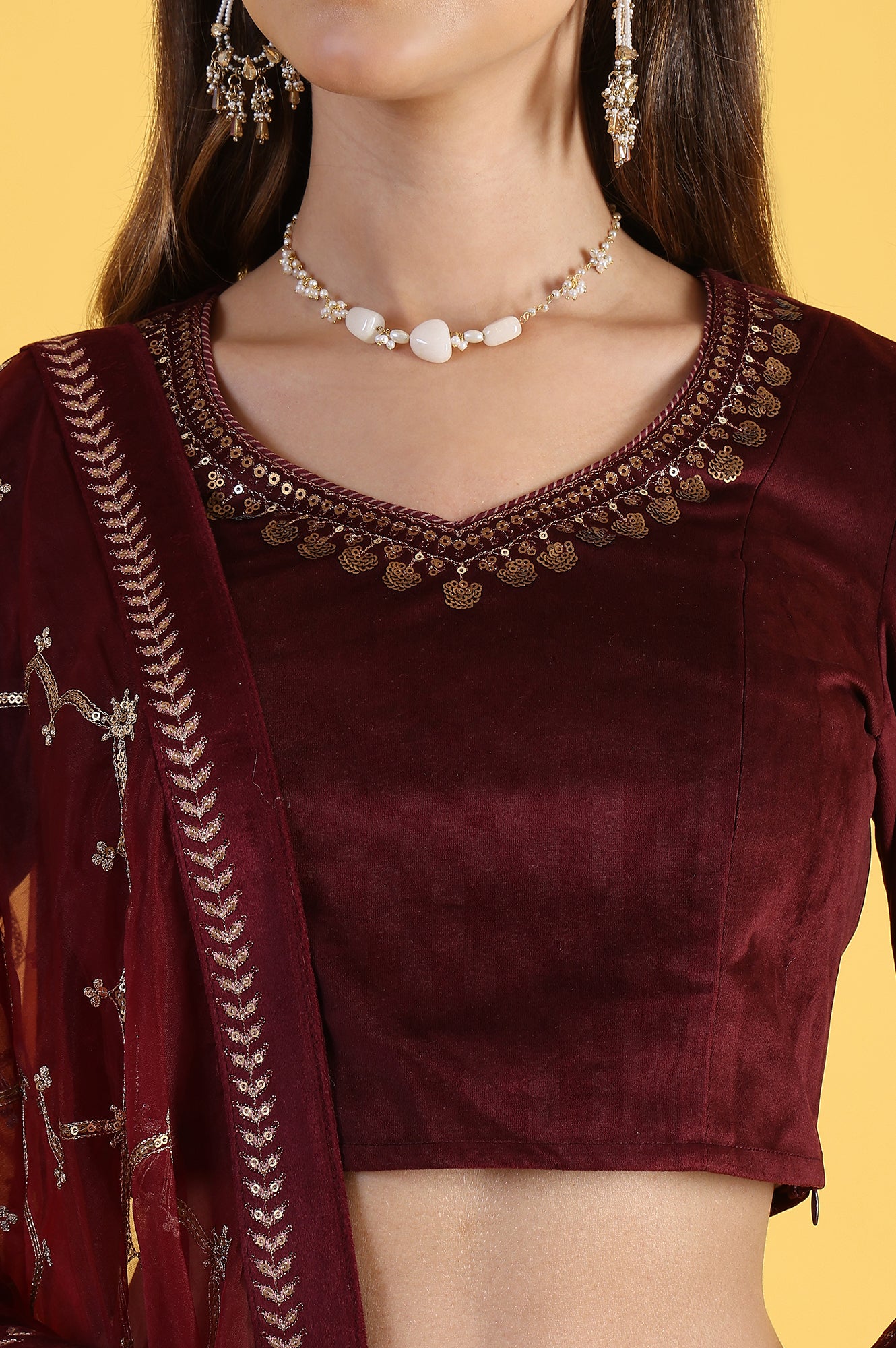 Maroon Solid Metallic Embroidery Flarred Top & Skirt with Dupatta Set