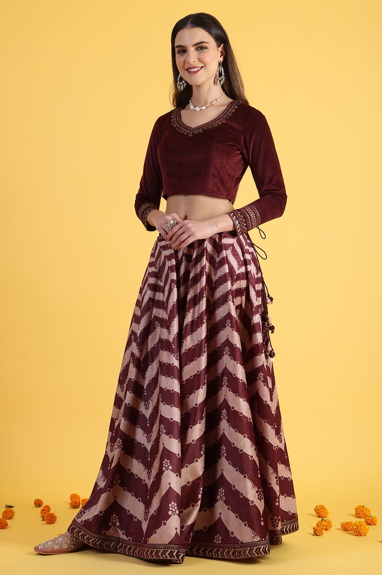 Maroon Solid Metallic Embroidery Flarred Top & Skirt with Dupatta Set