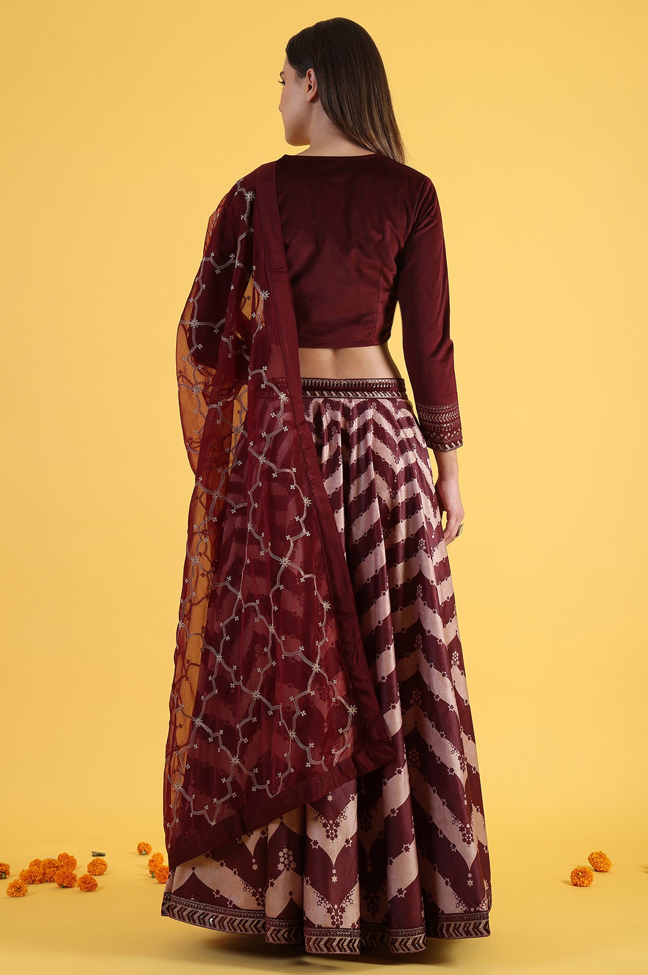 Maroon Solid Metallic Embroidery Flarred Top & Skirt with Dupatta Set