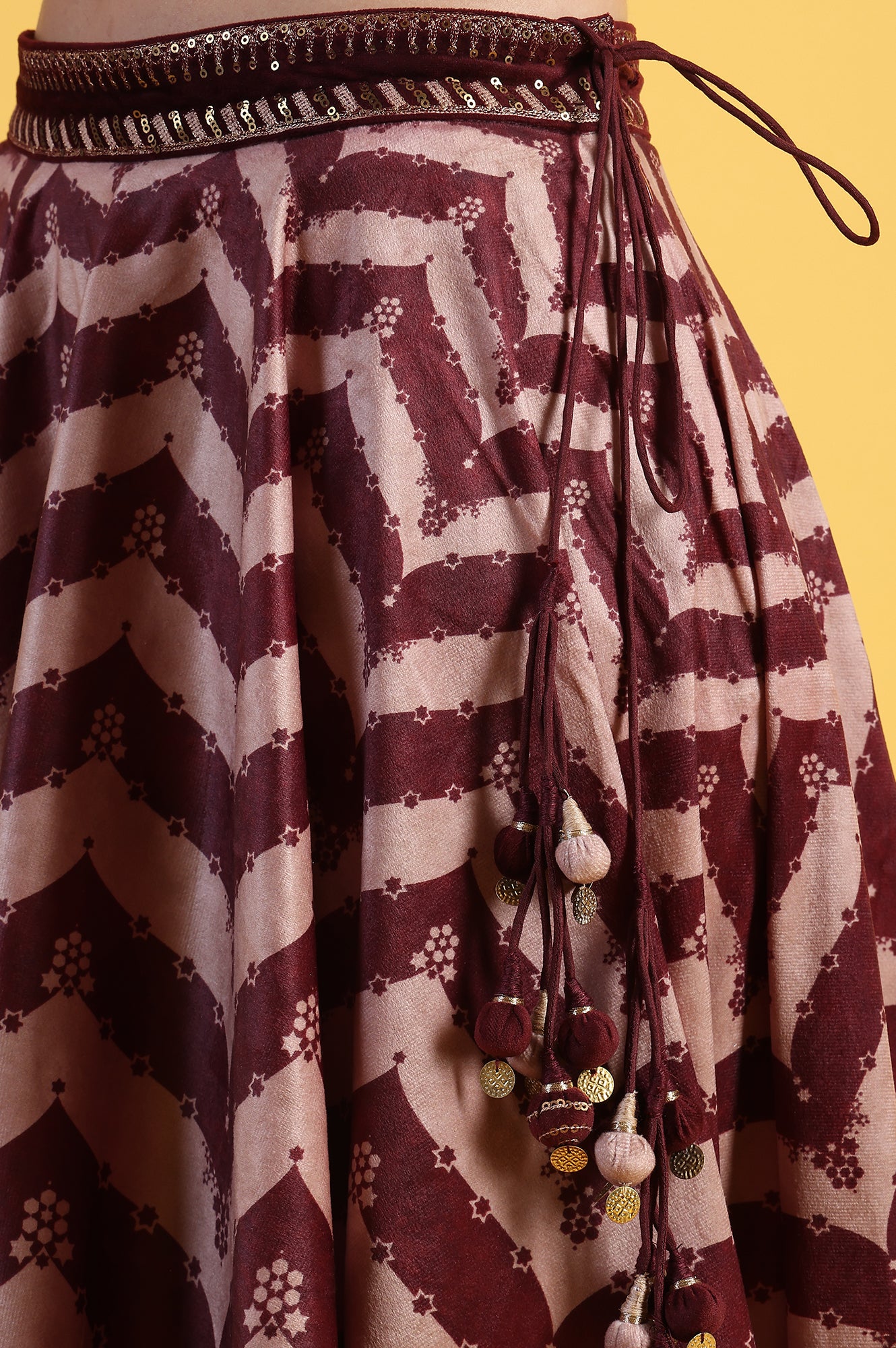 Maroon Solid Metallic Embroidery Flarred Top & Skirt with Dupatta Set