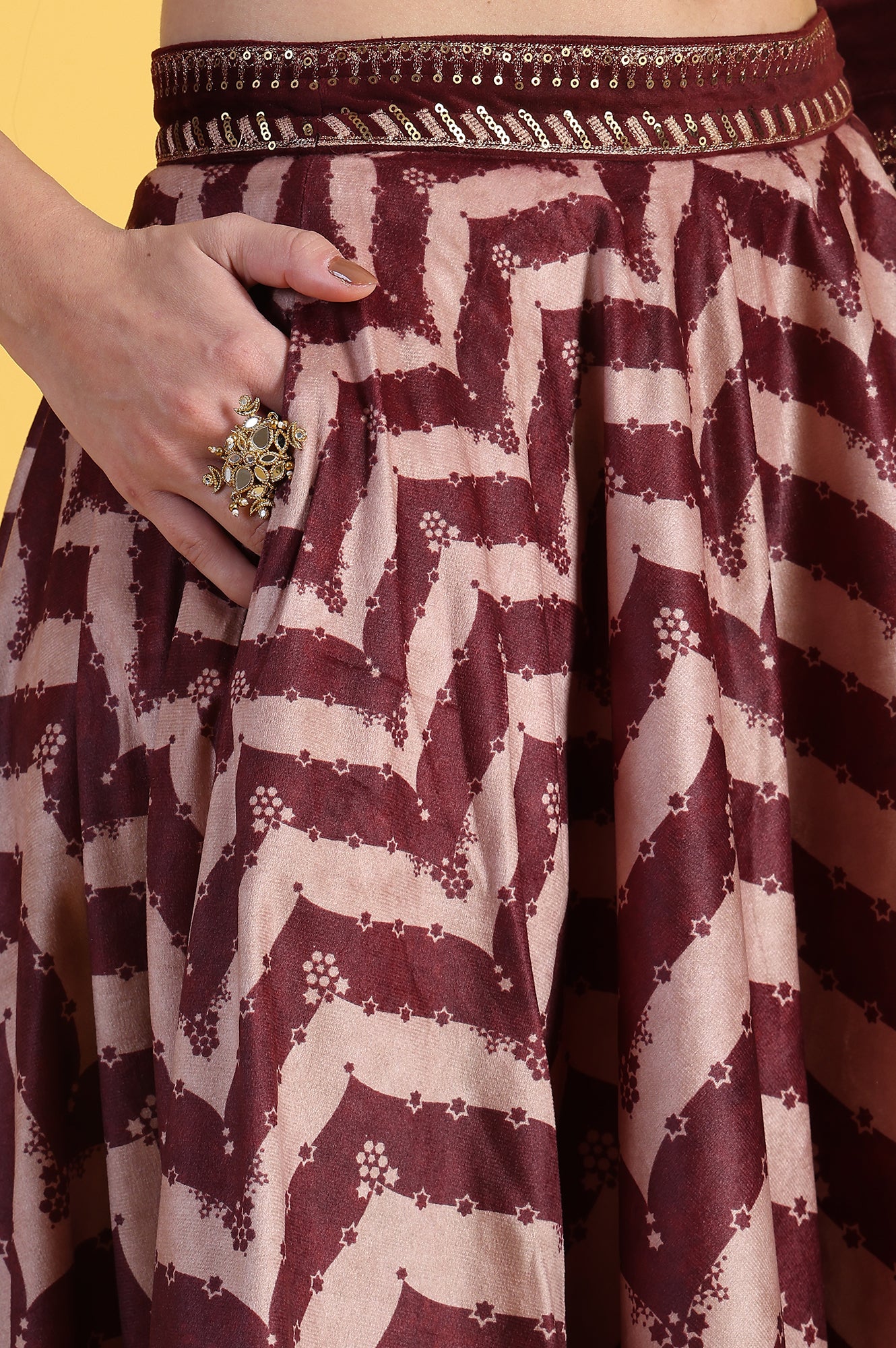 Maroon Solid Metallic Embroidery Flarred Top & Skirt with Dupatta Set