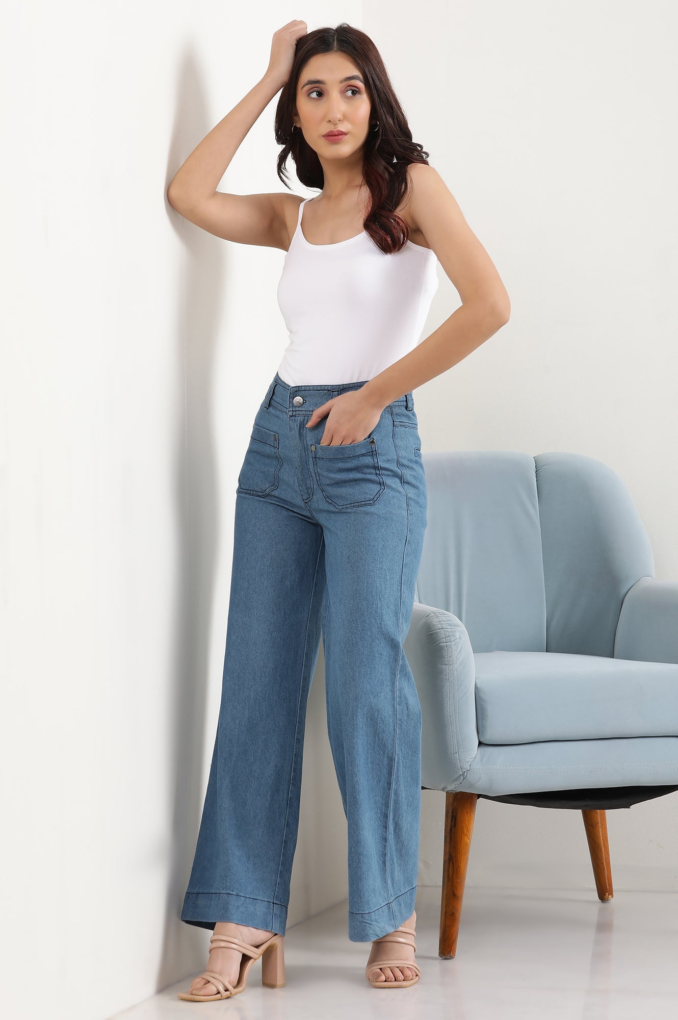 Light Blue Solid Flared Denim Pants With Button Detail – wforwoman