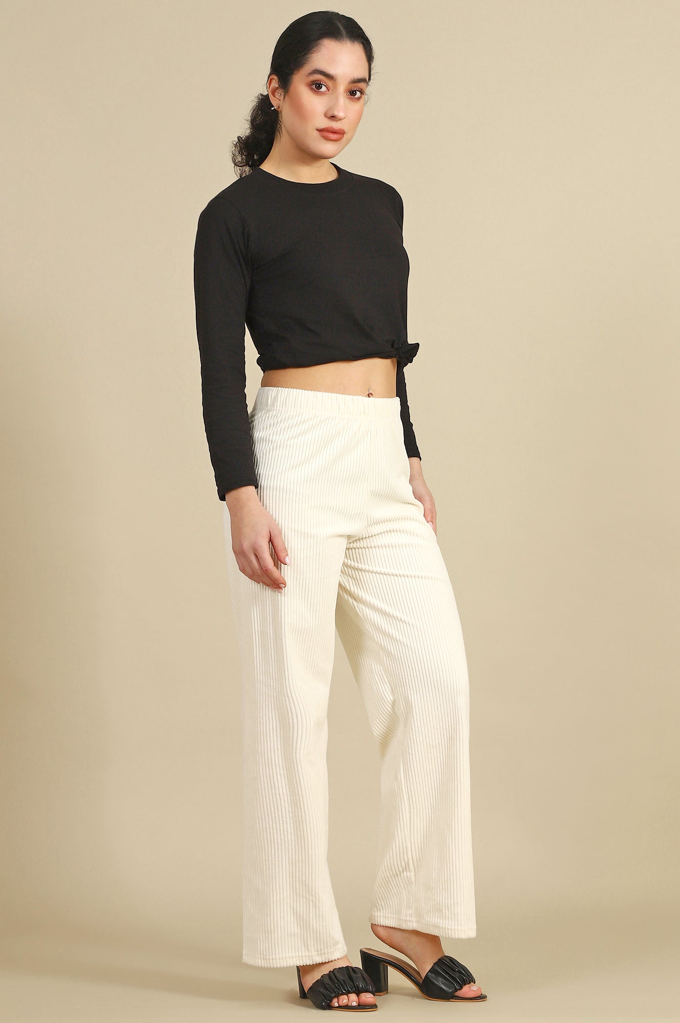 Cream Solid Straight Fit Cotton Pants XS