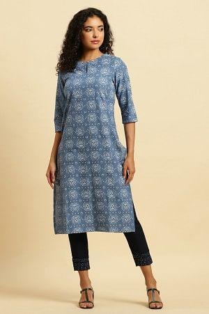 Blue Abstract Printed Cotton Kurta - wforwoman
