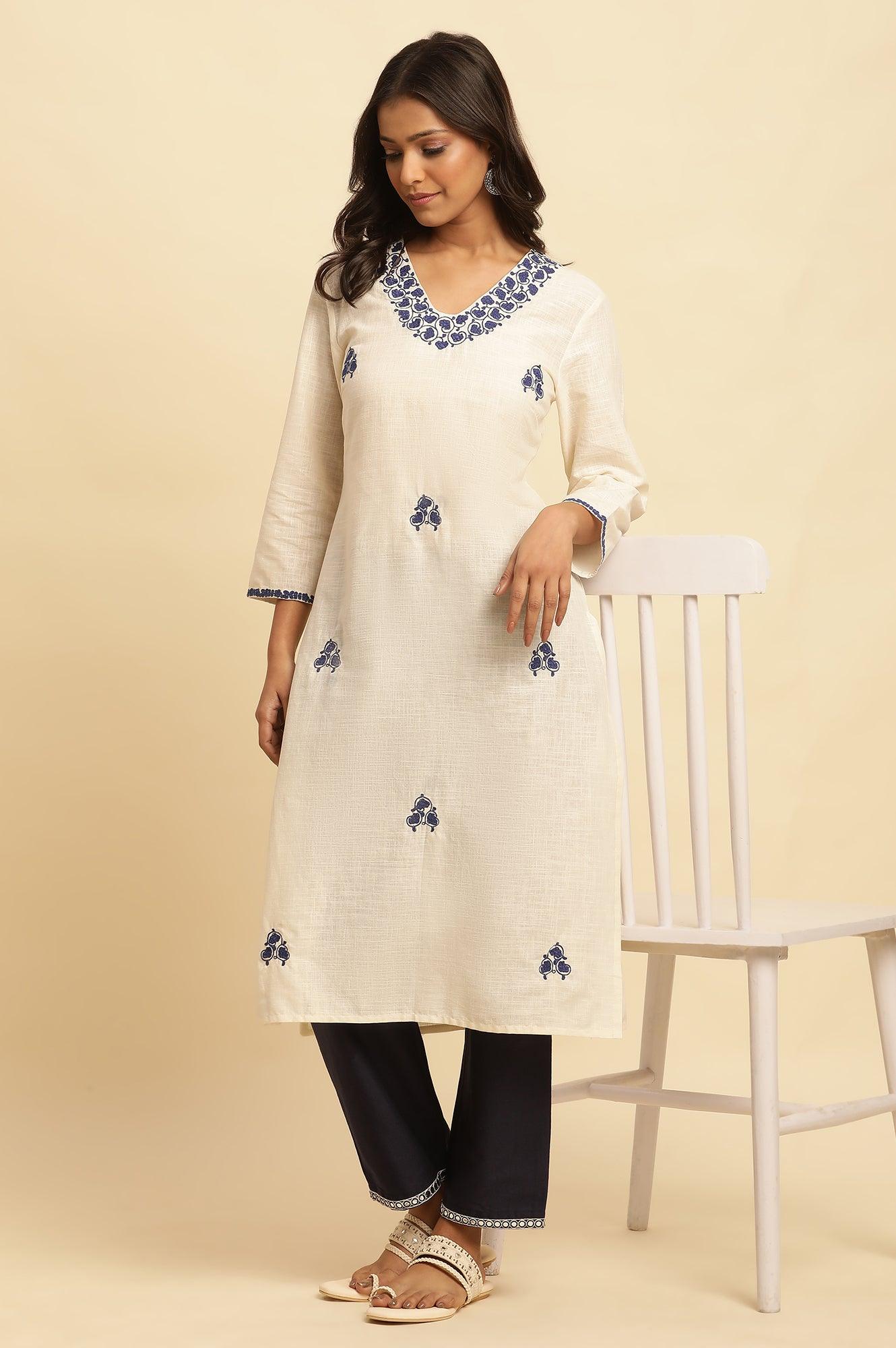 White Straight Kurta With Blue Embroidery XS