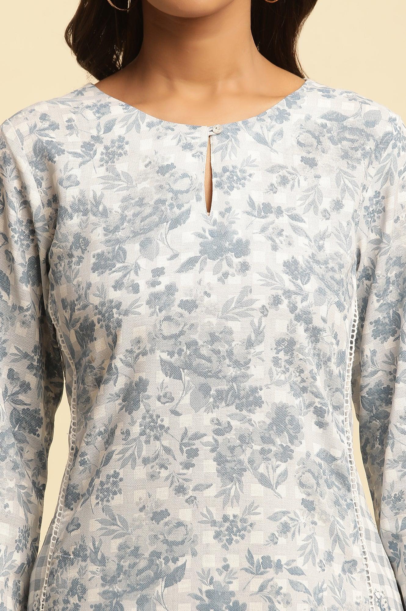 Blue Checker And Floral Printed Kurta - wforwoman