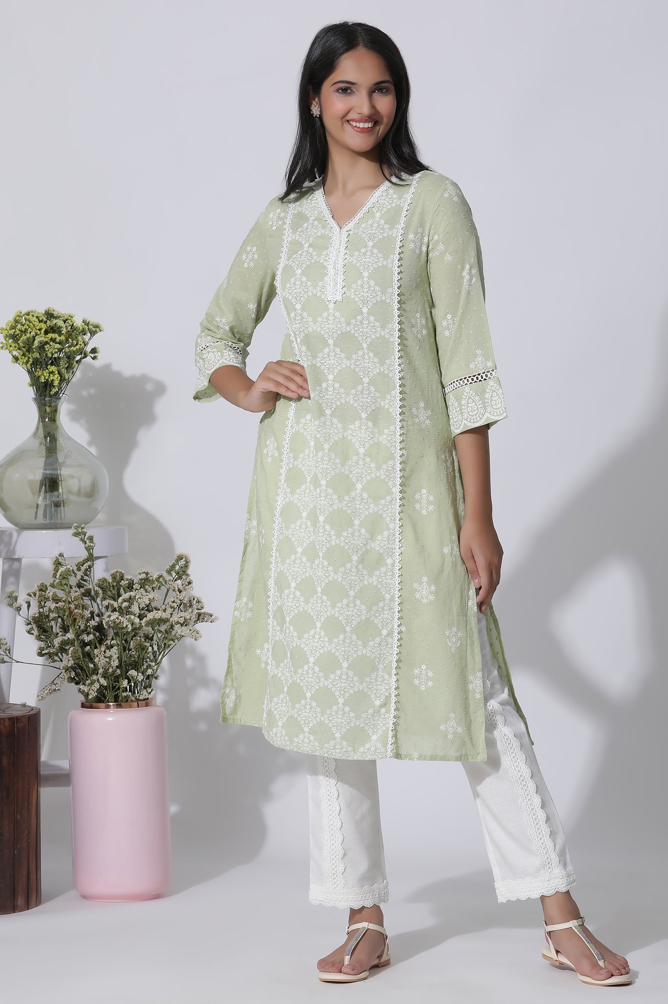 Light Green Printed Cotton Kurta with Lace Detailing XS