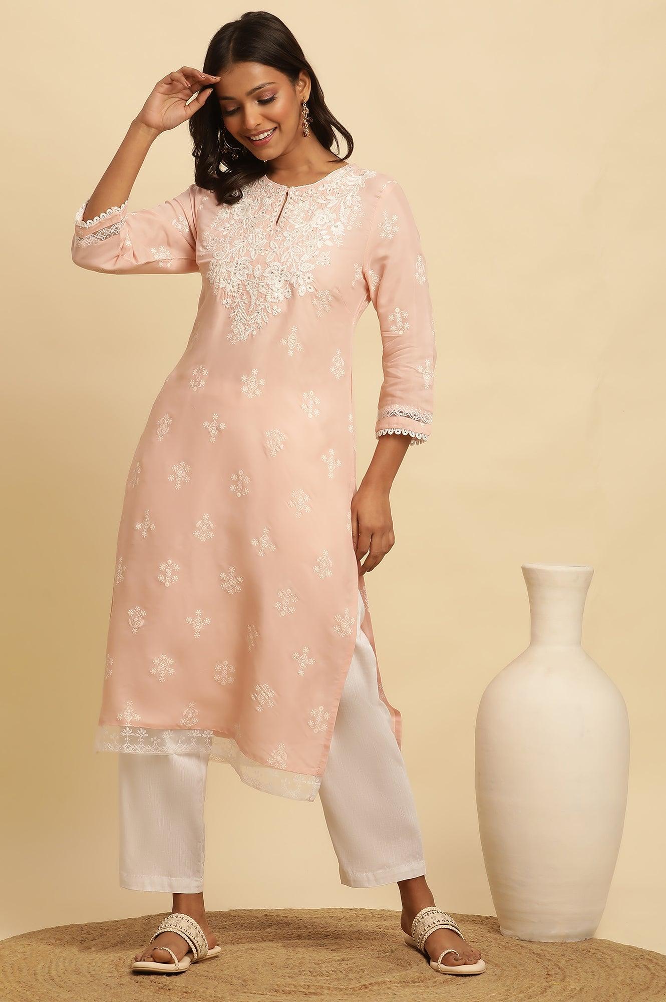 Light Pink Chikankari Embroidery Kurta - wforwoman
