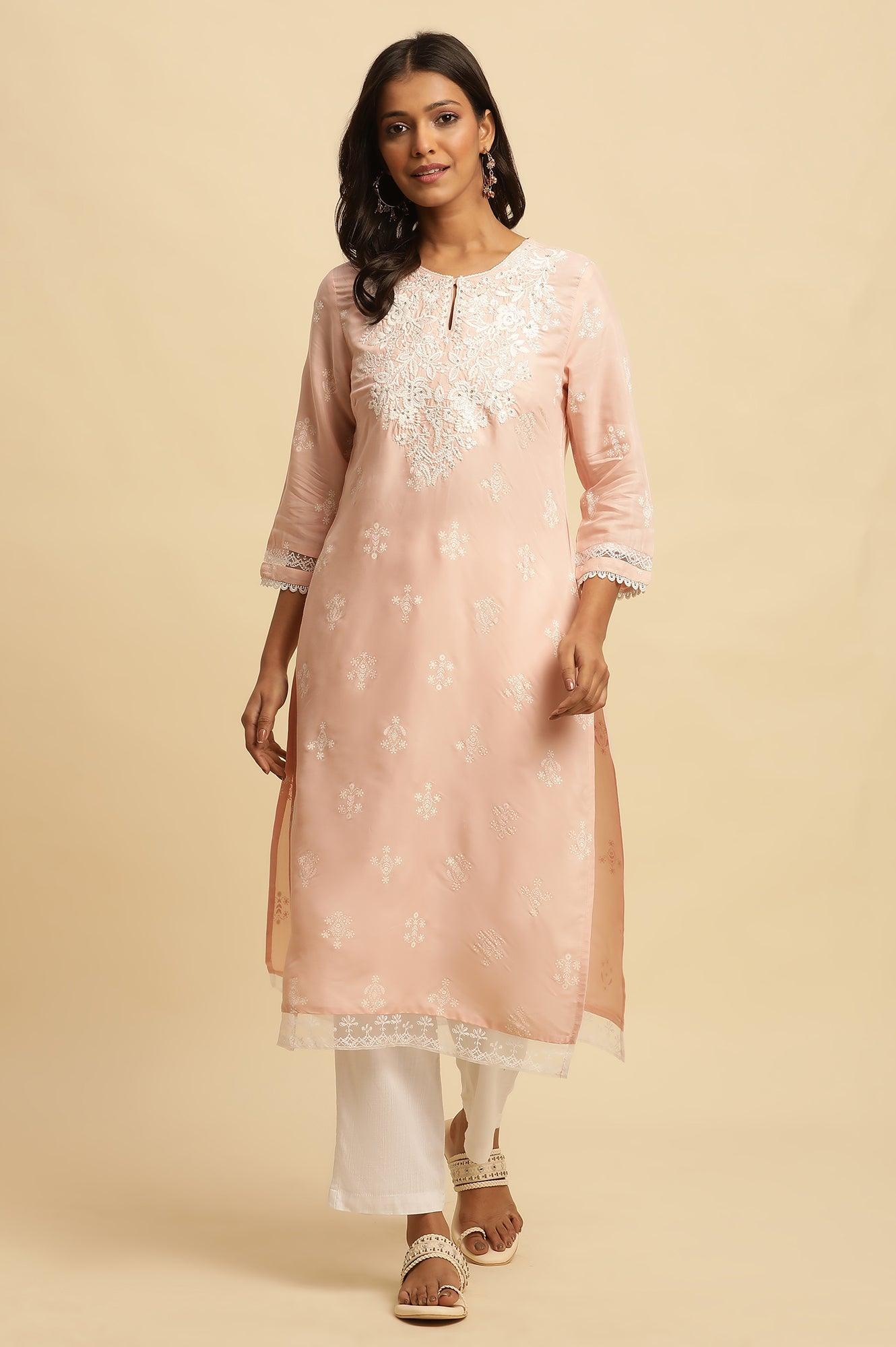 Light Pink Chikankari Embroidery Kurta - wforwoman