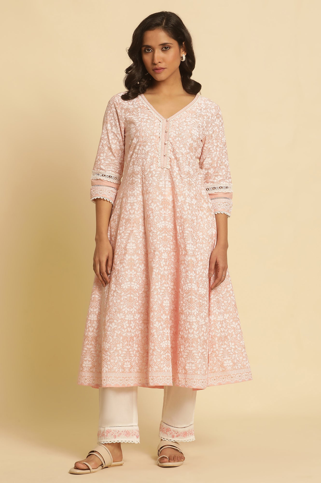 Light Pink Floral Printed Panelled Kurta