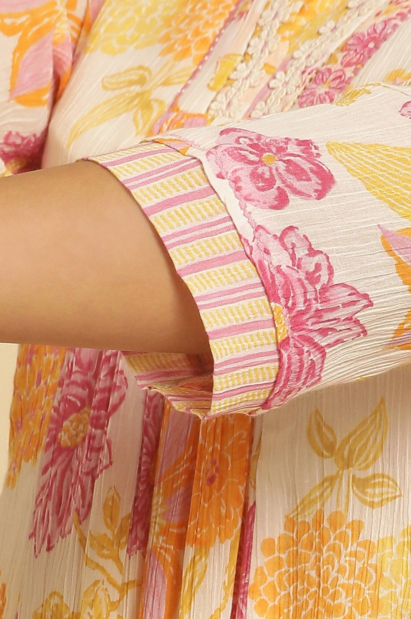 White Floral Printed Flared Kurta - wforwoman