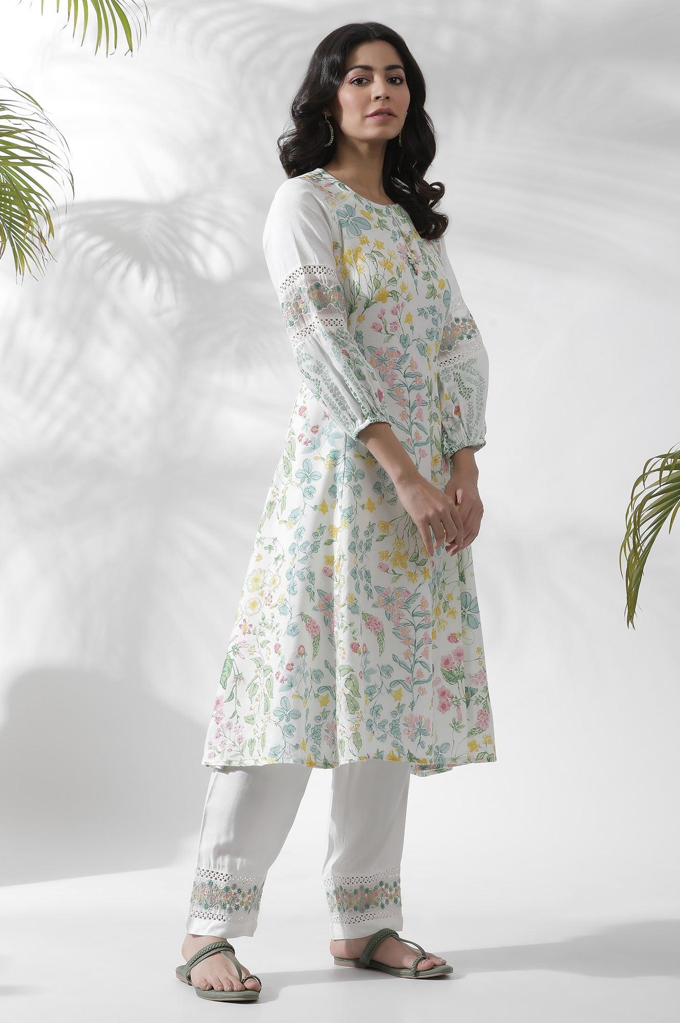 White A-Line Floral Printed Kurta - wforwoman