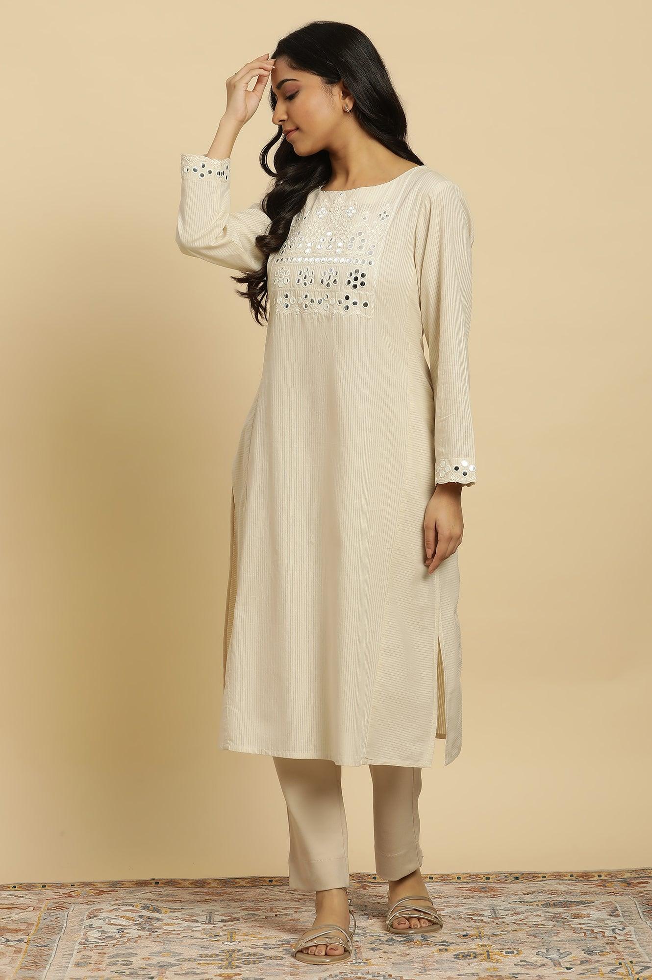 Off-White Cotton Kurta With Mirror Work XS