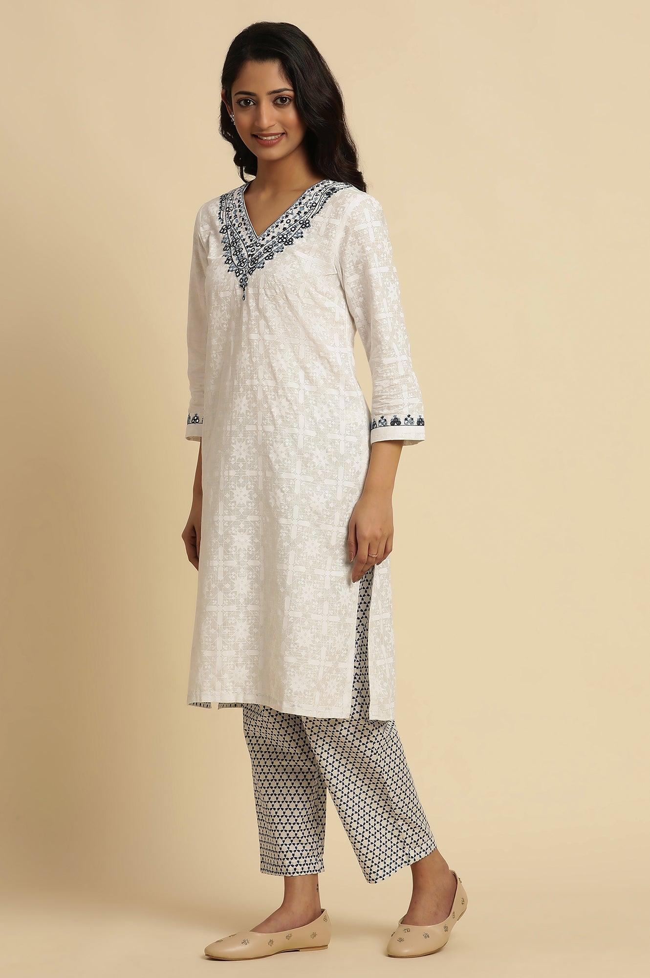 White Cotton Kurta With Embroidered Neck - wforwoman