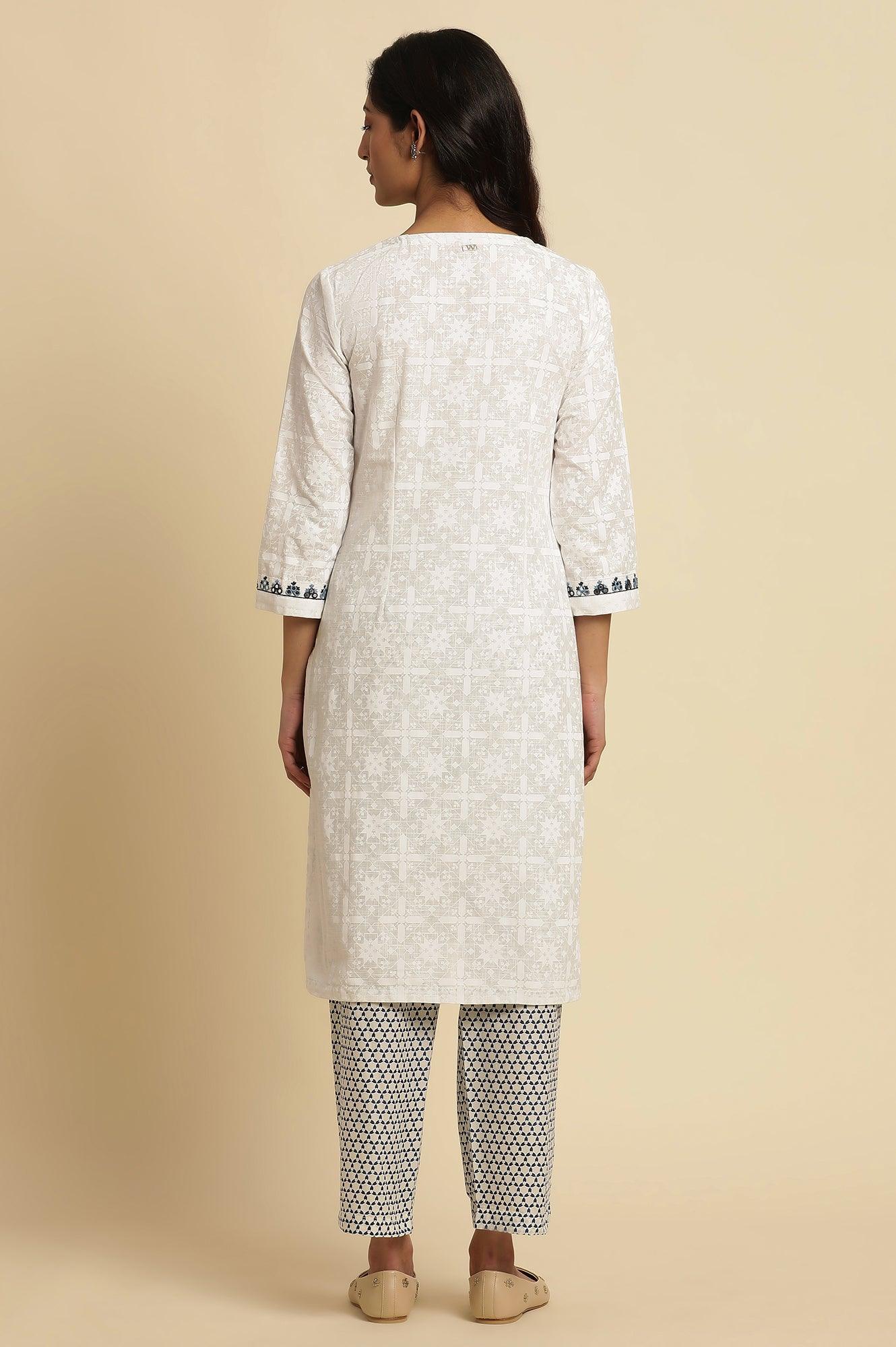 White Cotton Kurta With Embroidered Neck - wforwoman