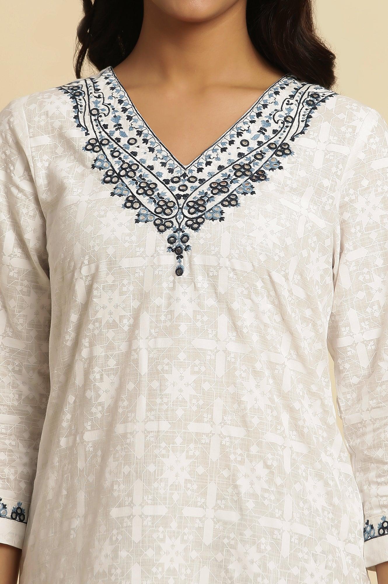 White Cotton Kurta With Embroidered Neck - wforwoman