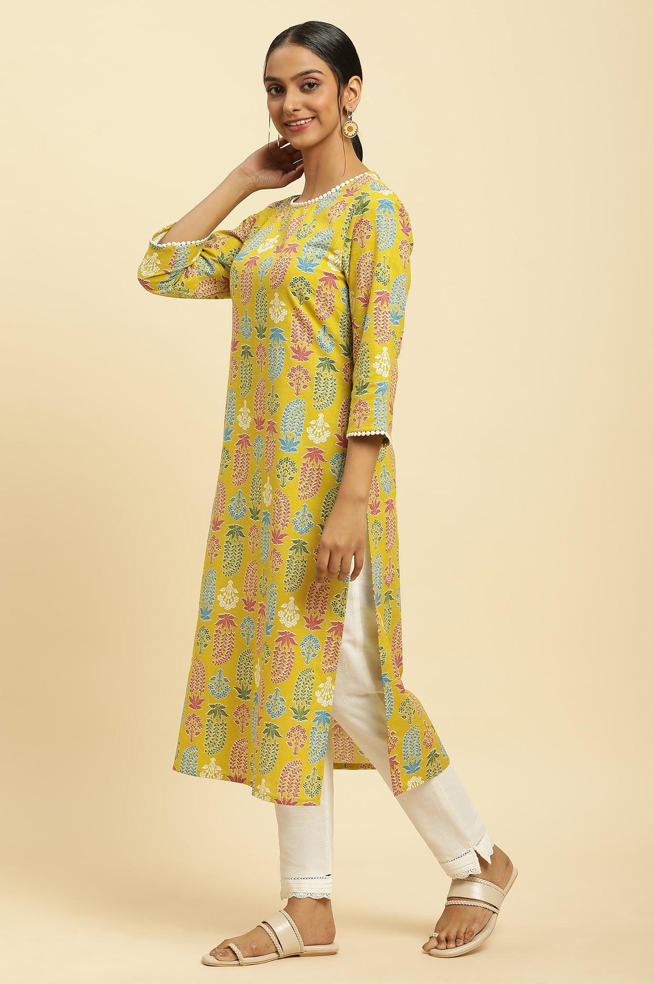 Yellow Floral Printed Cotton Kurta With Lace - wforwoman
