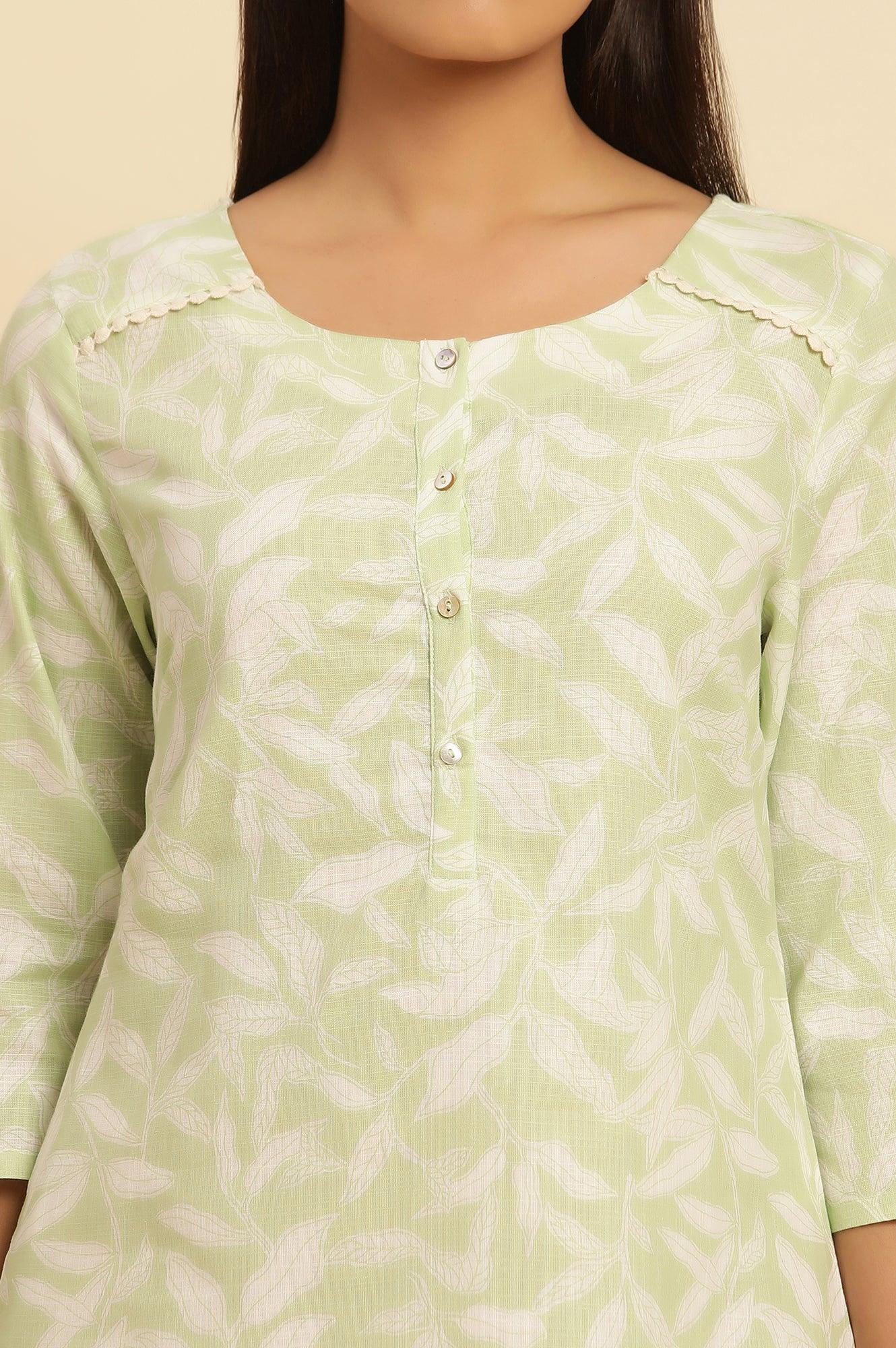 Green Leaf Printed Cotton Kurta - wforwoman