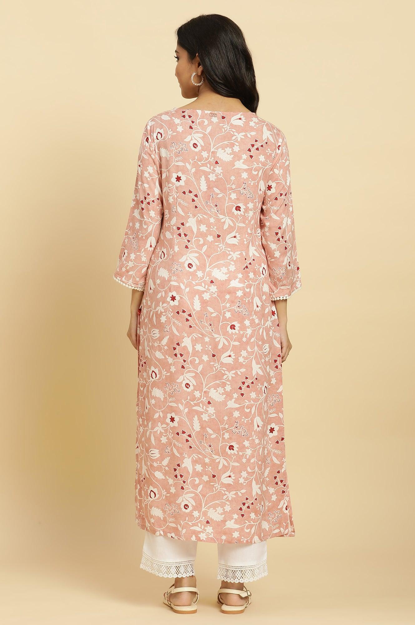Pink Straight Kurta In White Floral Print - wforwoman