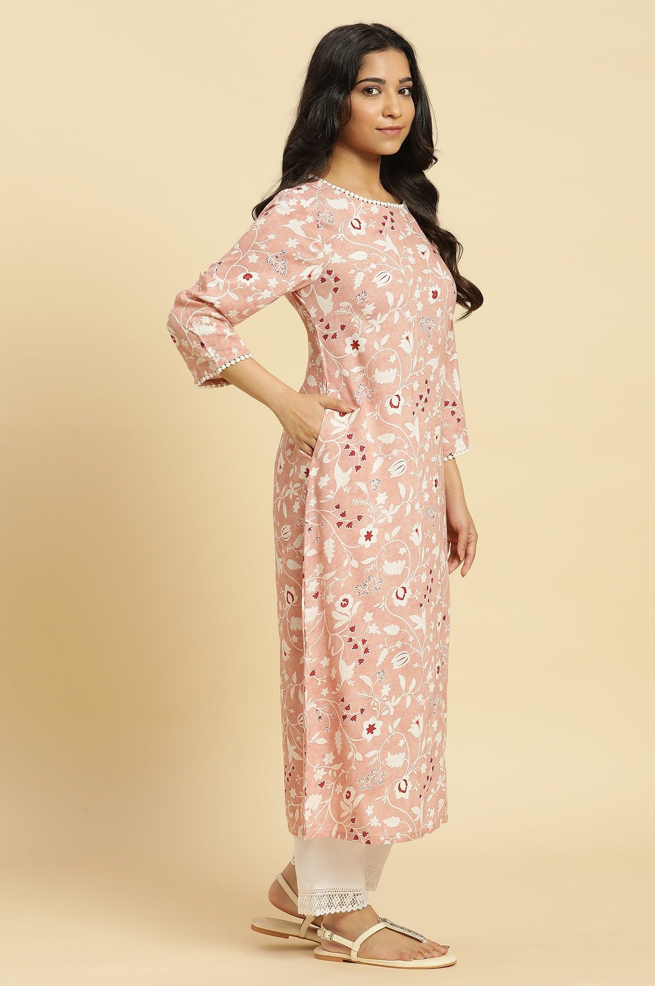 Pink Straight Kurta In White Floral Print - wforwoman