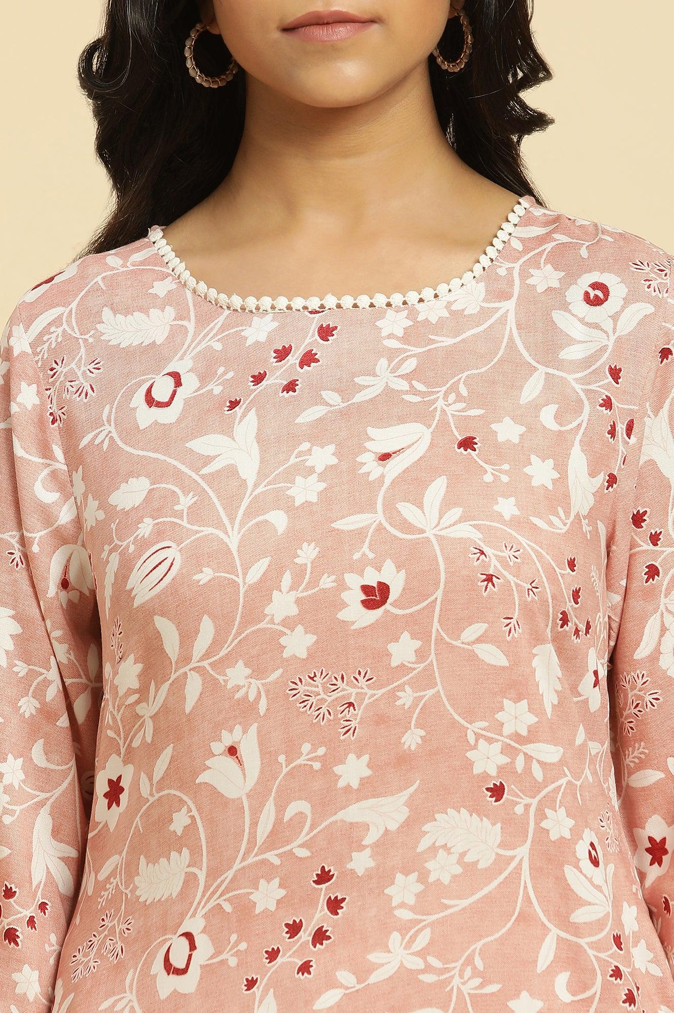 Pink Straight Kurta In White Floral Print - wforwoman