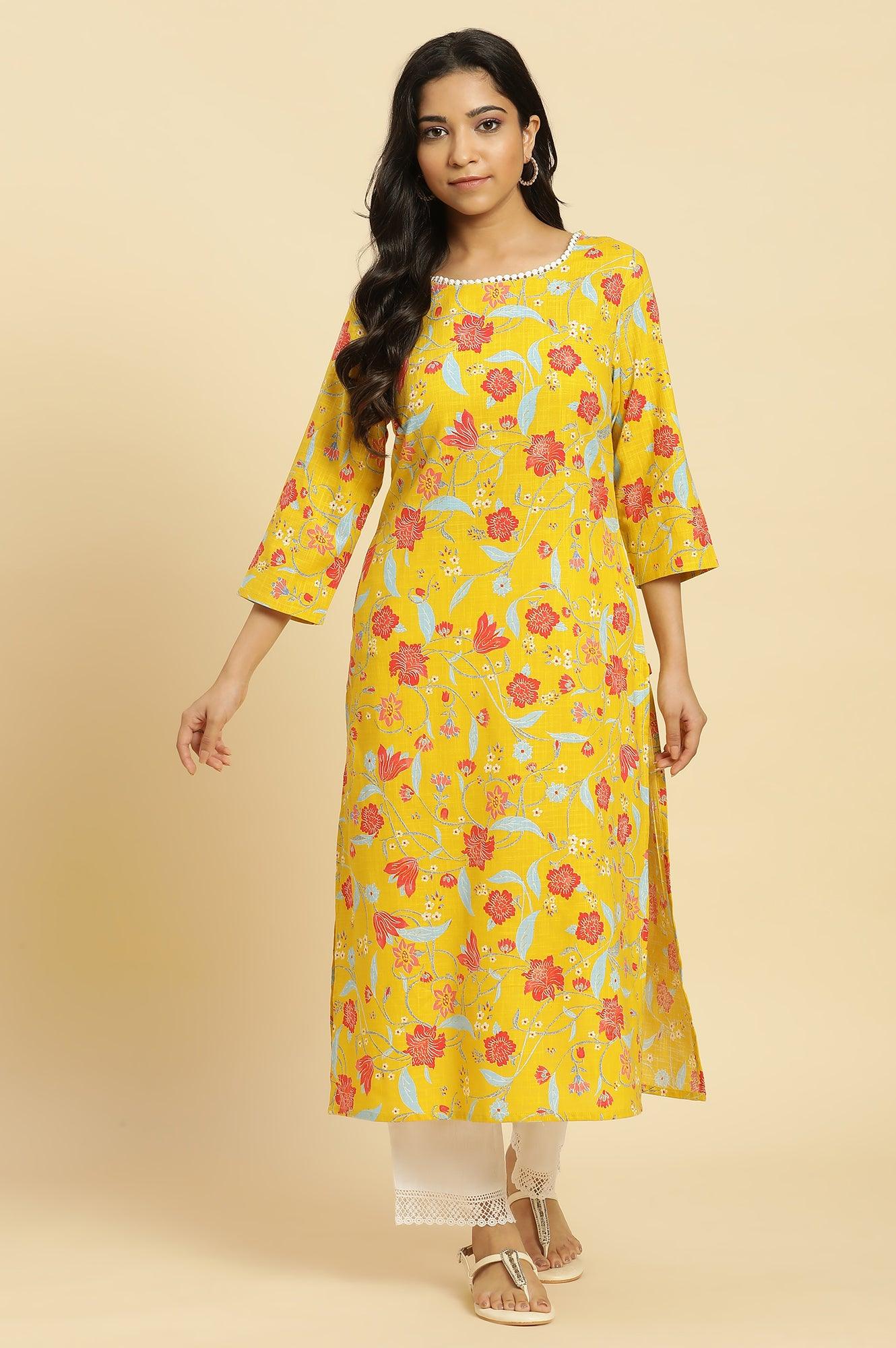 Yellow Straight Kurta With Multi-Coloured Floral Print - wforwoman