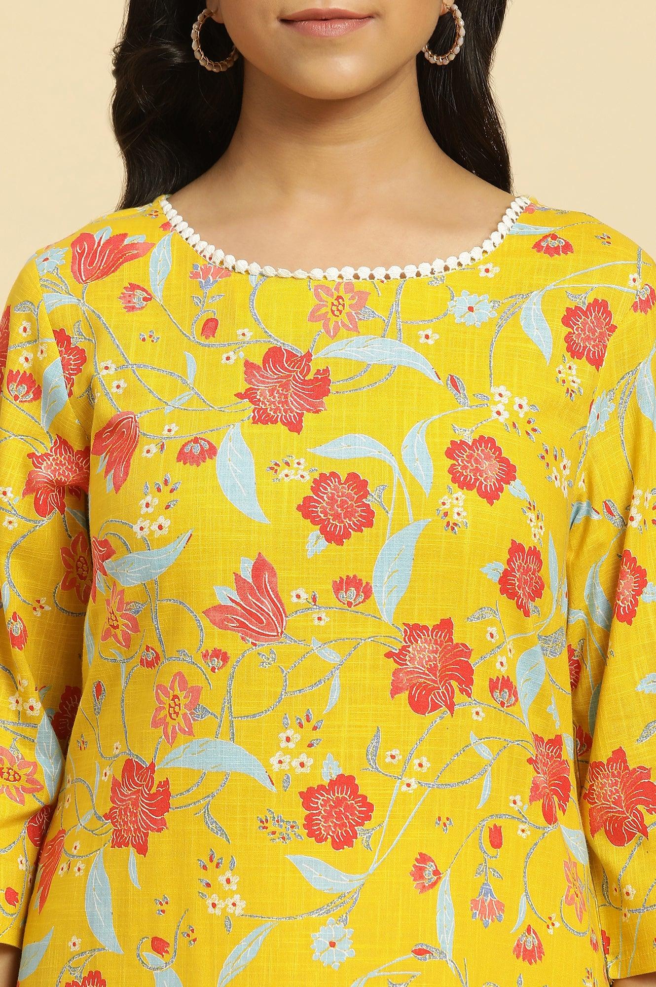 Yellow Straight Kurta With Multi-Coloured Floral Print - wforwoman