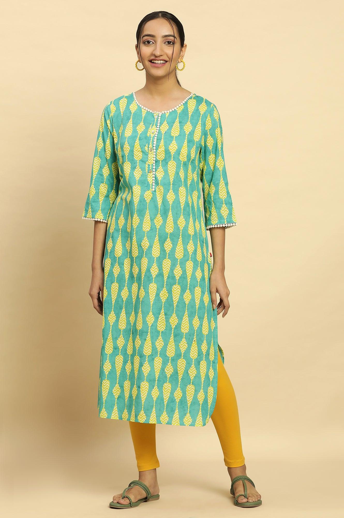 Green Geometric Printed Cotton Kurta - wforwoman