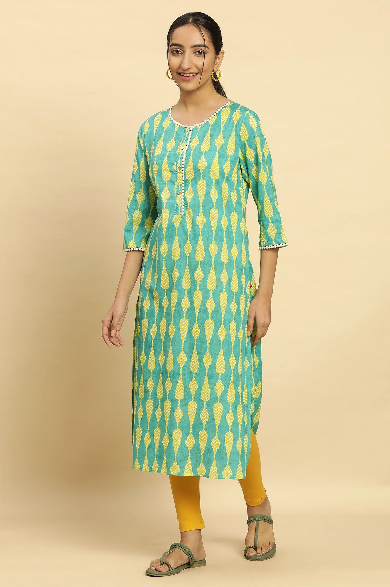Green Geometric Printed Cotton Kurta - wforwoman