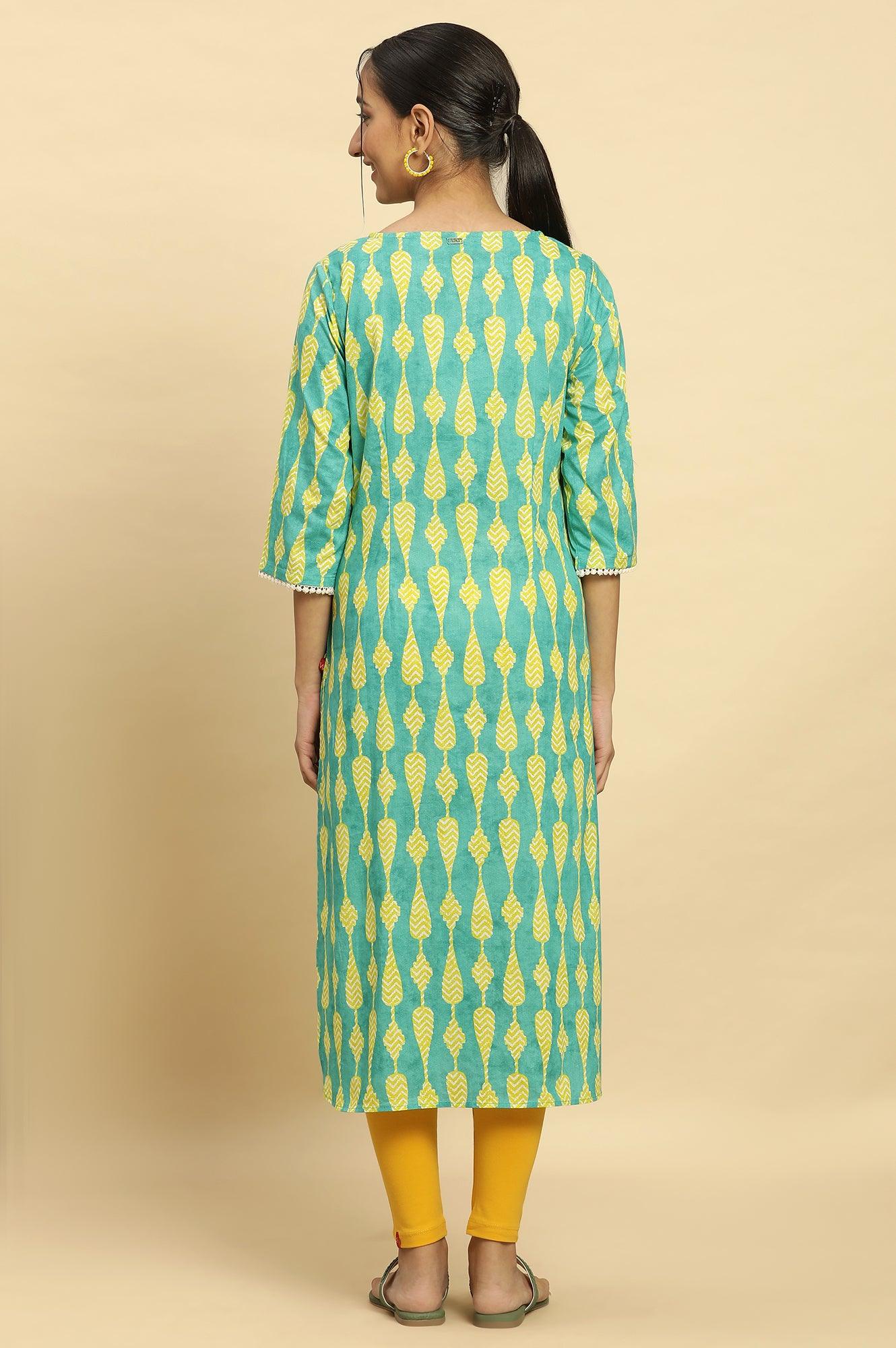 Green Geometric Printed Cotton Kurta - wforwoman
