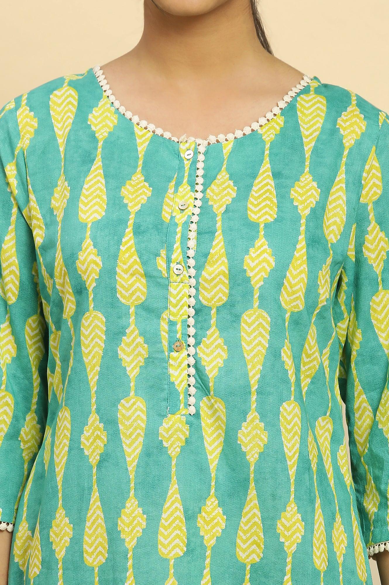 Green Geometric Printed Cotton Kurta - wforwoman