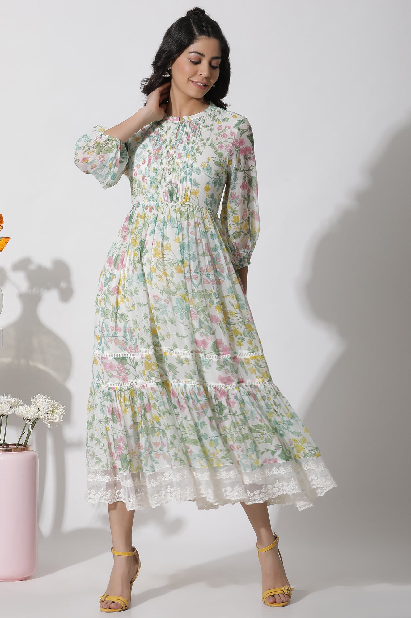 Buy White Floral Printed Chiffon Tiered Dress 4599 W for woman