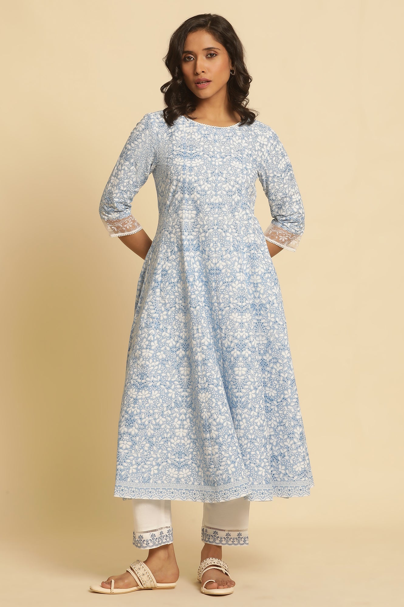 Light Blue Floral Printed Flared Kurta