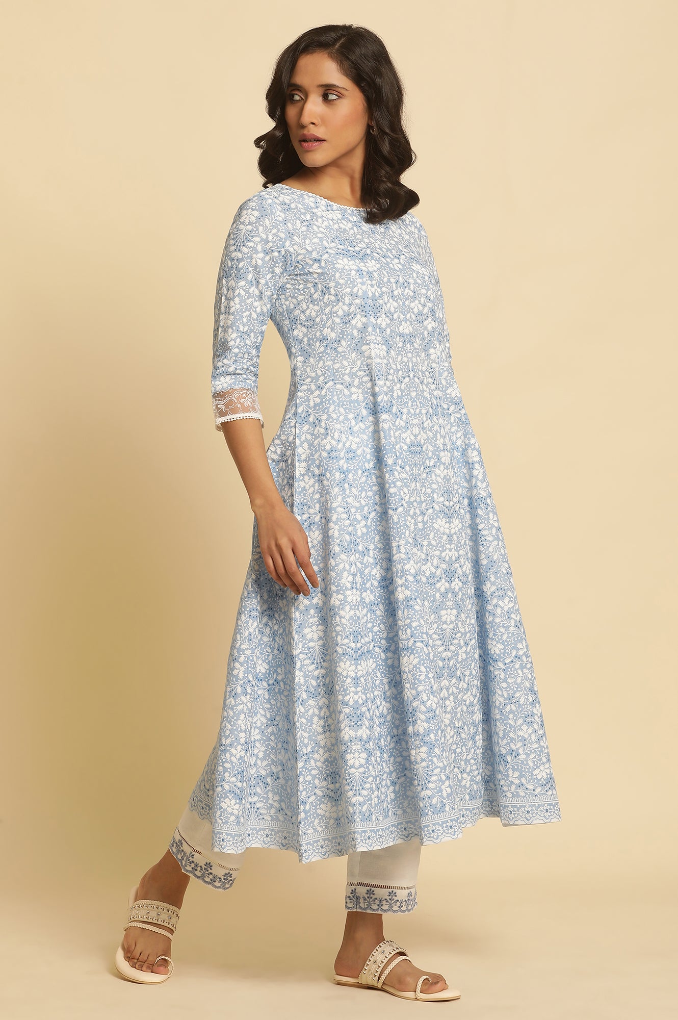 Light Blue Floral Printed Flared Kurta