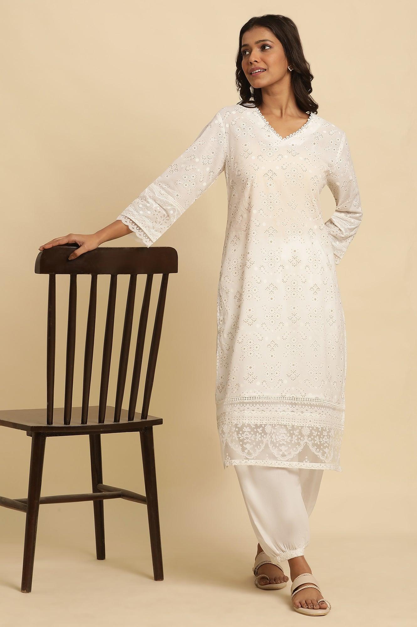 White Cotton Printed Kurta With Brasso Panel - wforwoman