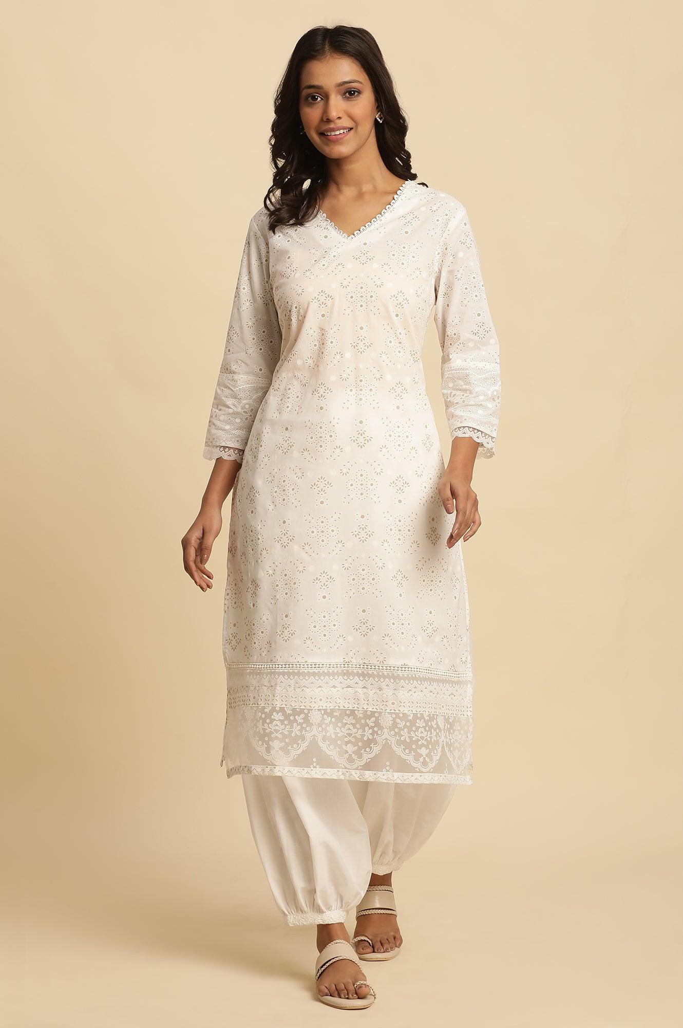 White Cotton Printed Kurta With Brasso Panel - wforwoman