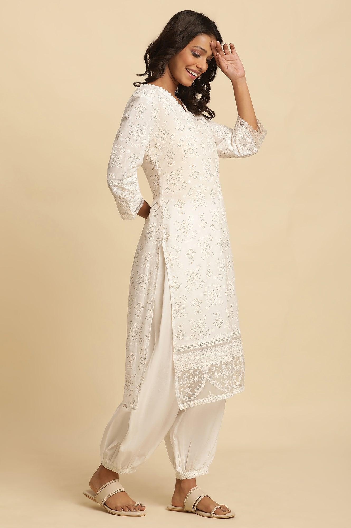 White Cotton Printed Kurta With Brasso Panel - wforwoman