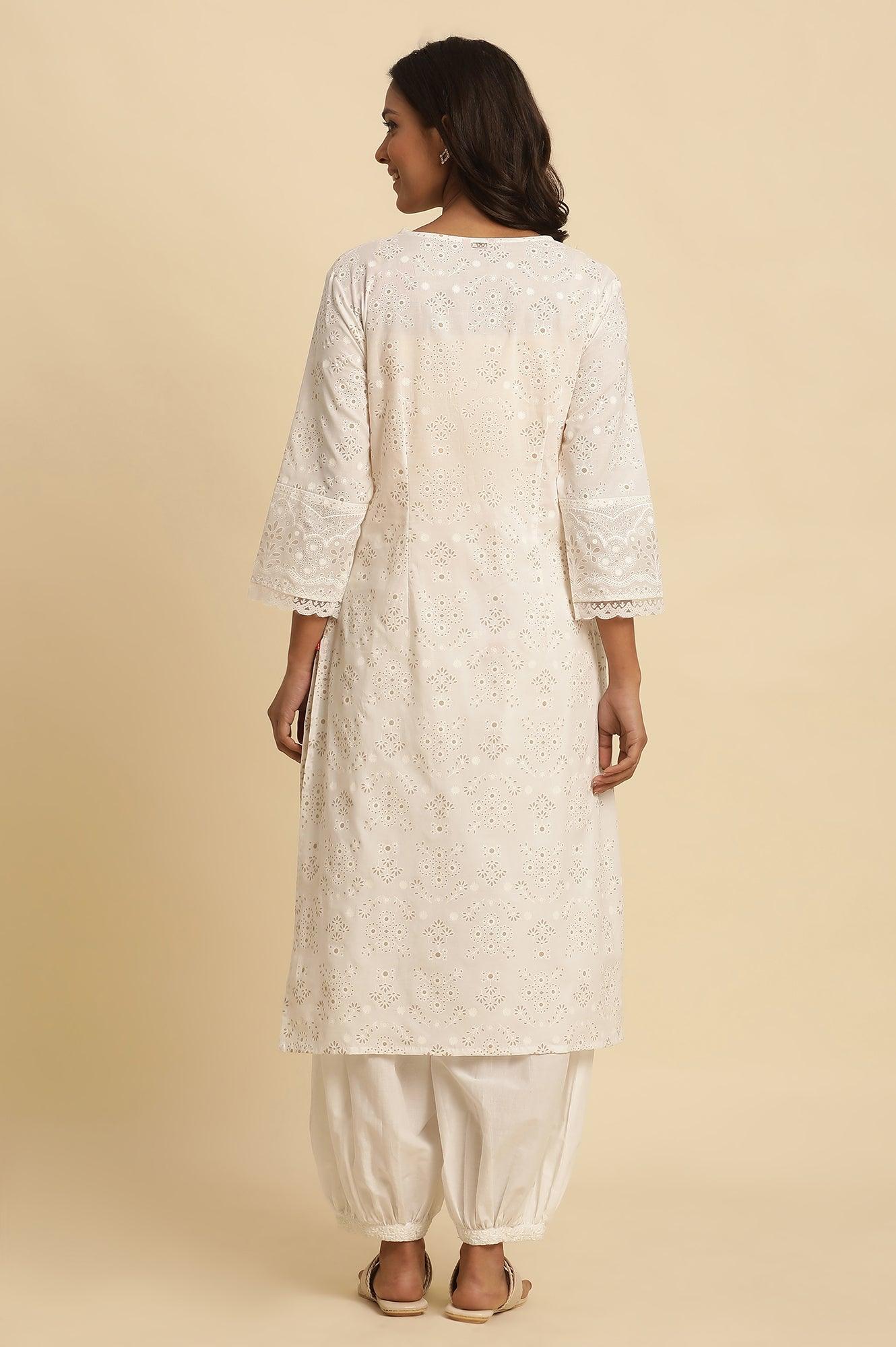 White Cotton Printed Kurta With Brasso Panel - wforwoman
