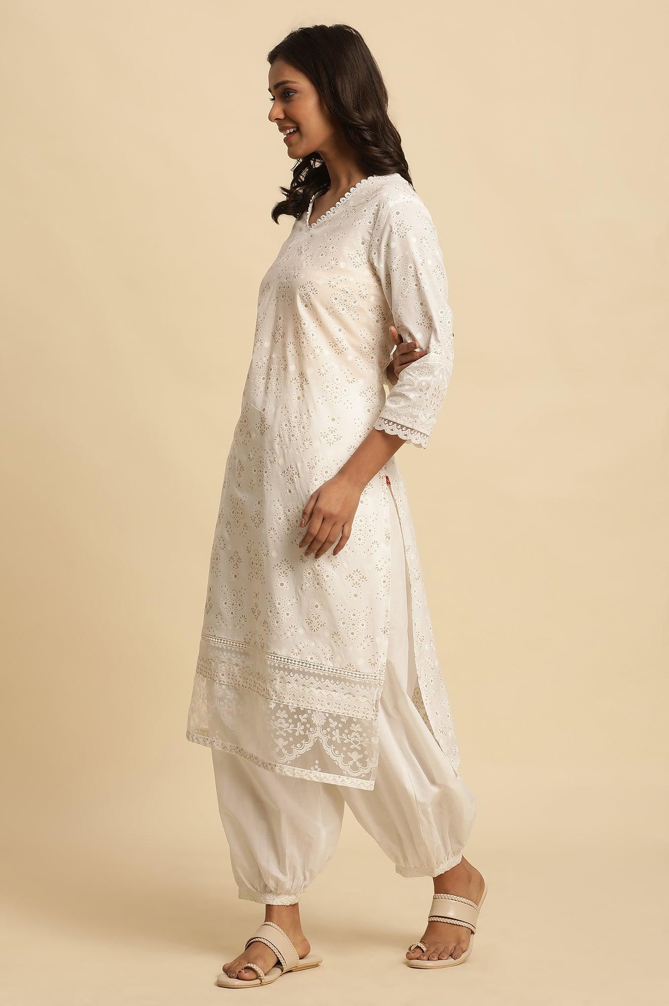 White Cotton Printed Kurta With Brasso Panel - wforwoman
