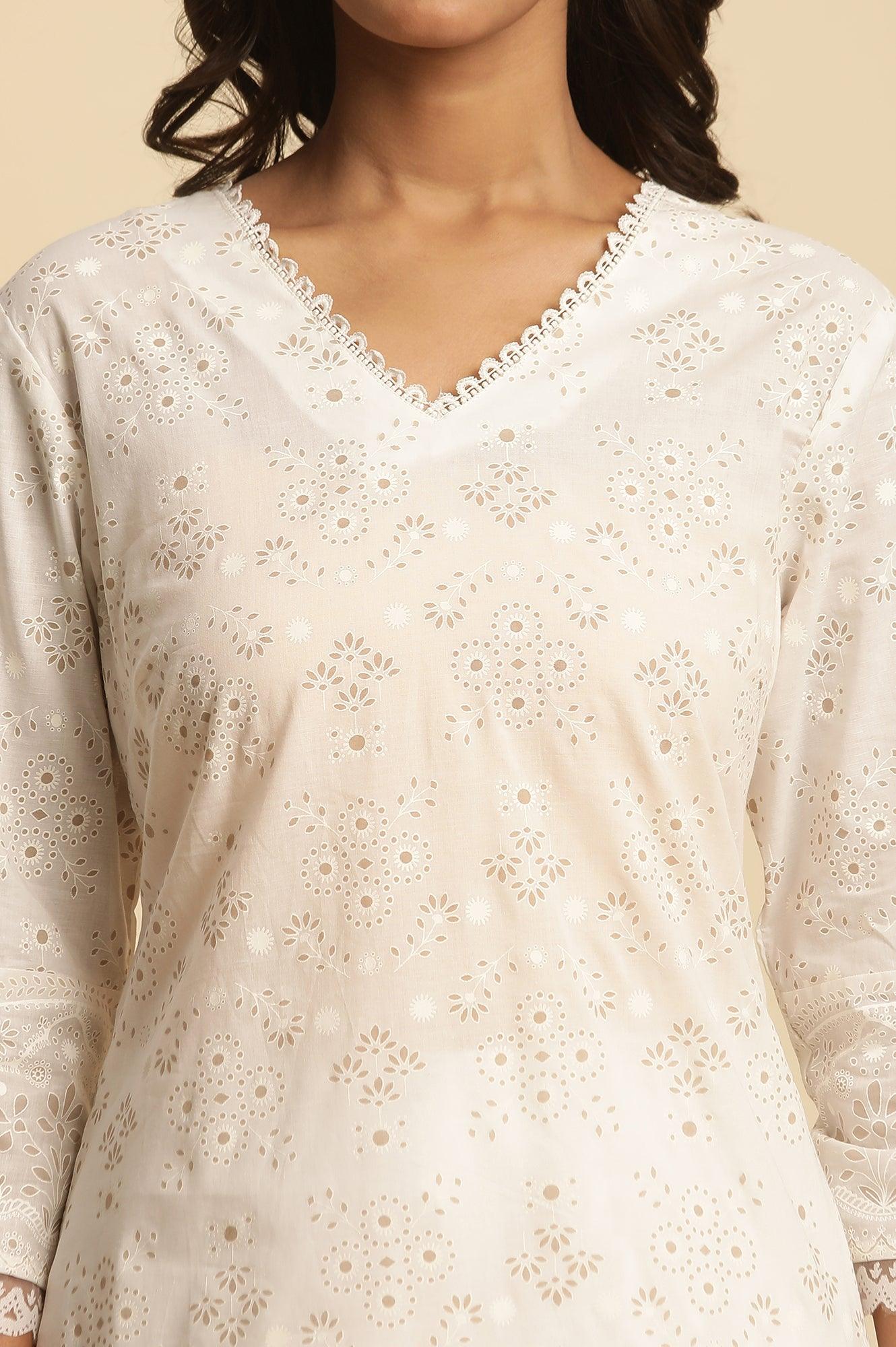 White Cotton Printed Kurta With Brasso Panel - wforwoman