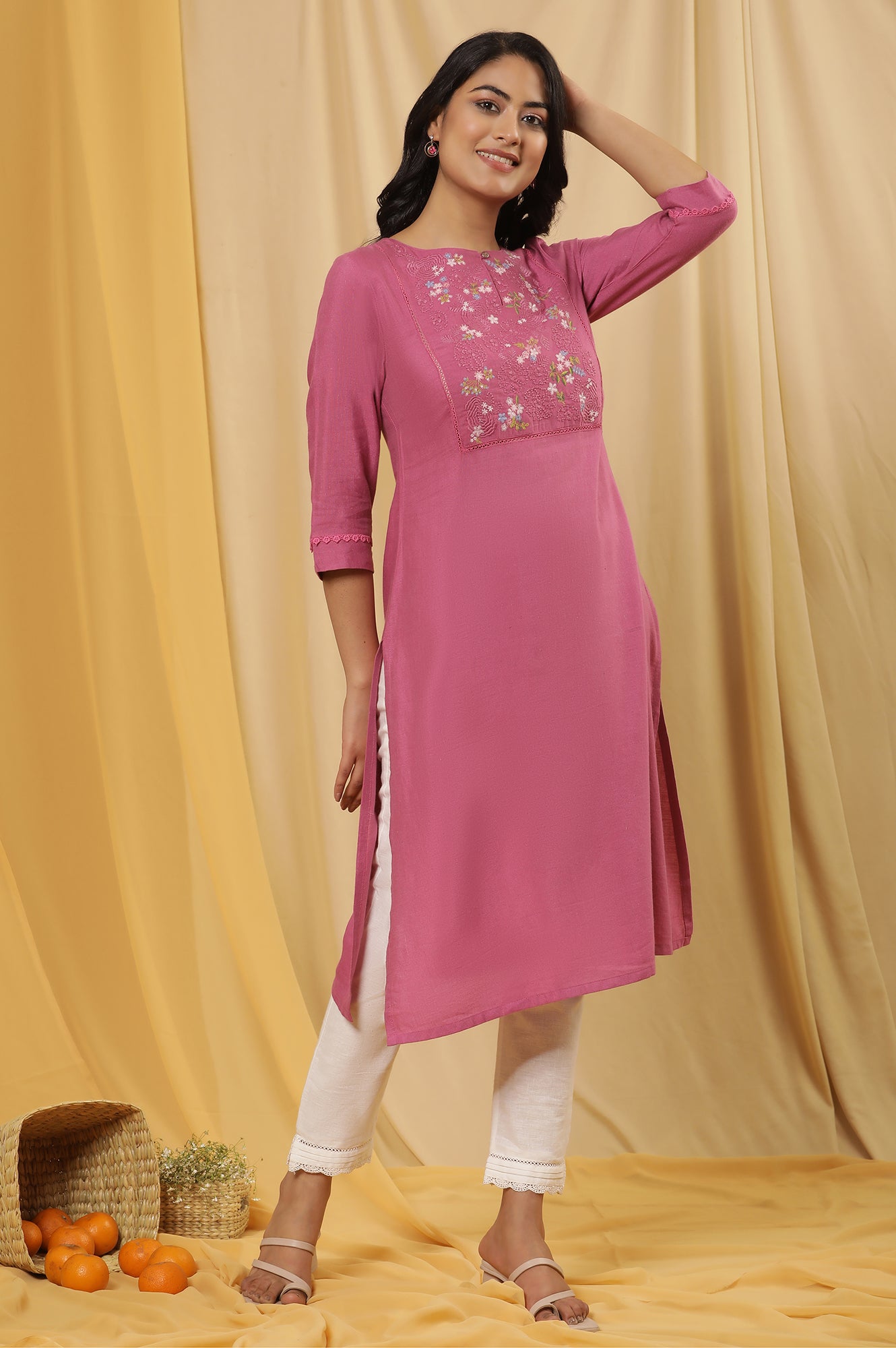 Buy Pink Floral Embroidered Yoke Kurta 1999 W for woman