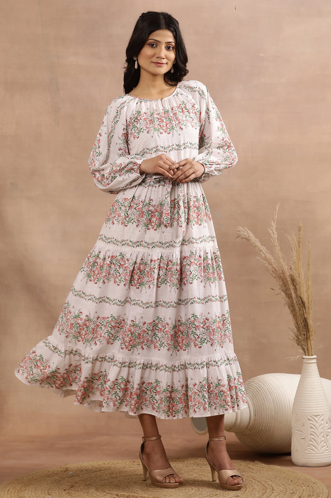 Buy White Floral Printed Long Tiered Dress 3999 W for woman