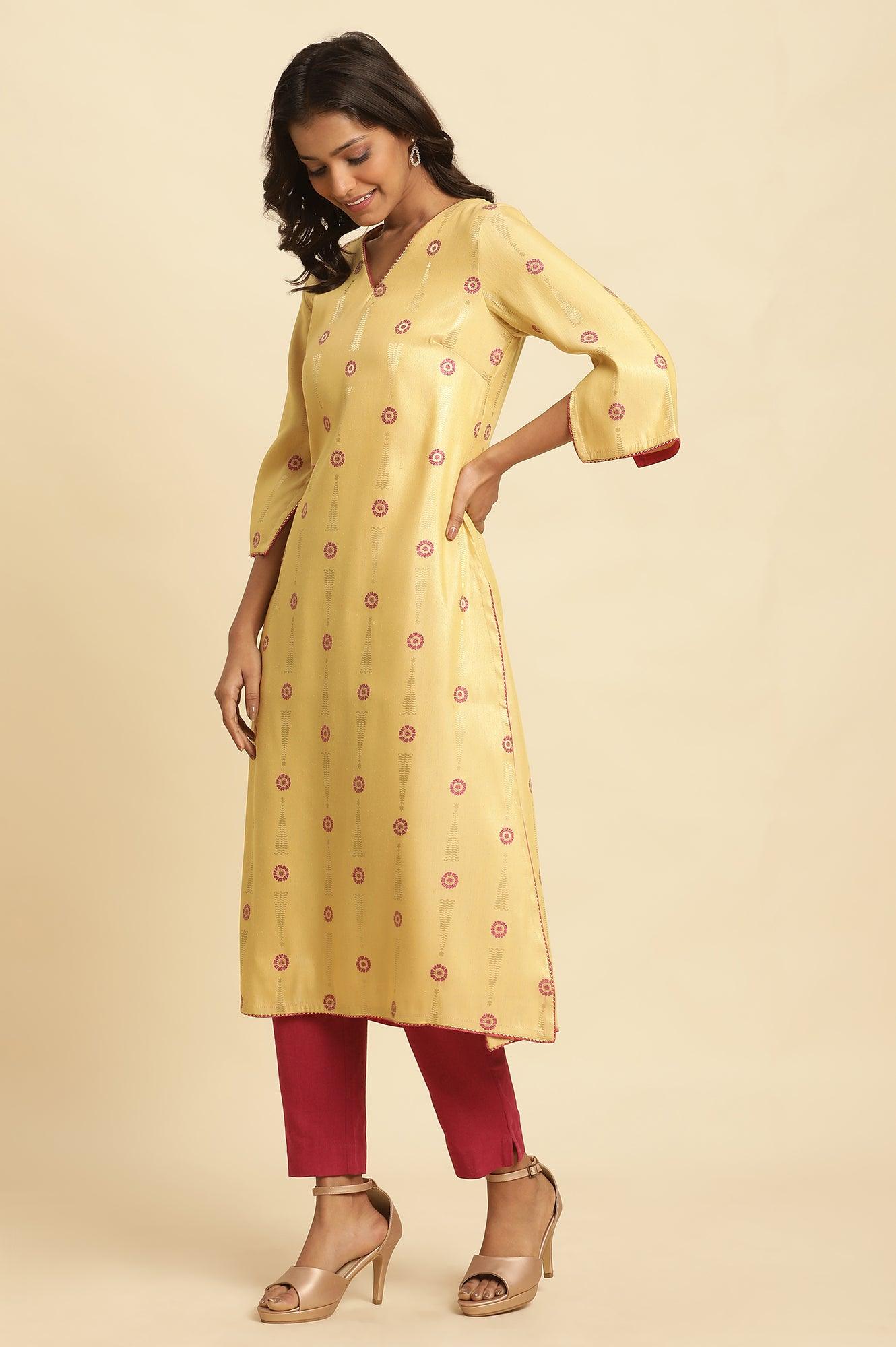 Yellow Printed Jacquard Kurta - wforwoman