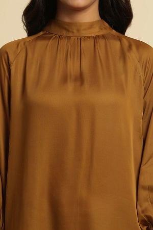Brown Gathered High Neck Top - wforwoman