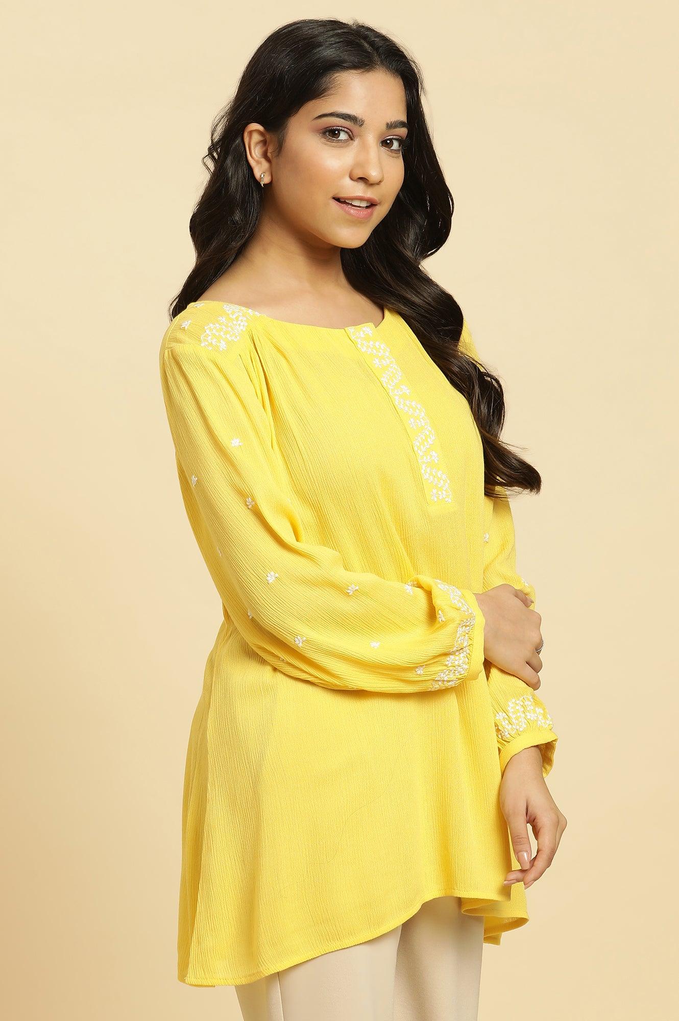 Yellow Summer Top With White Floral Embroidery - wforwoman