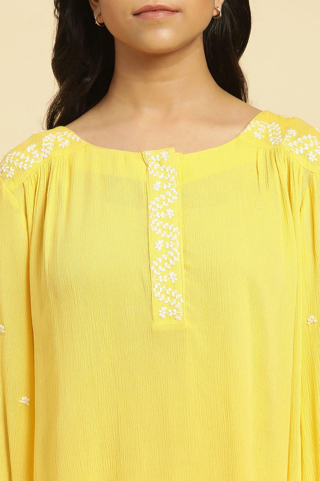 Yellow Summer Top With White Floral Embroidery - wforwoman