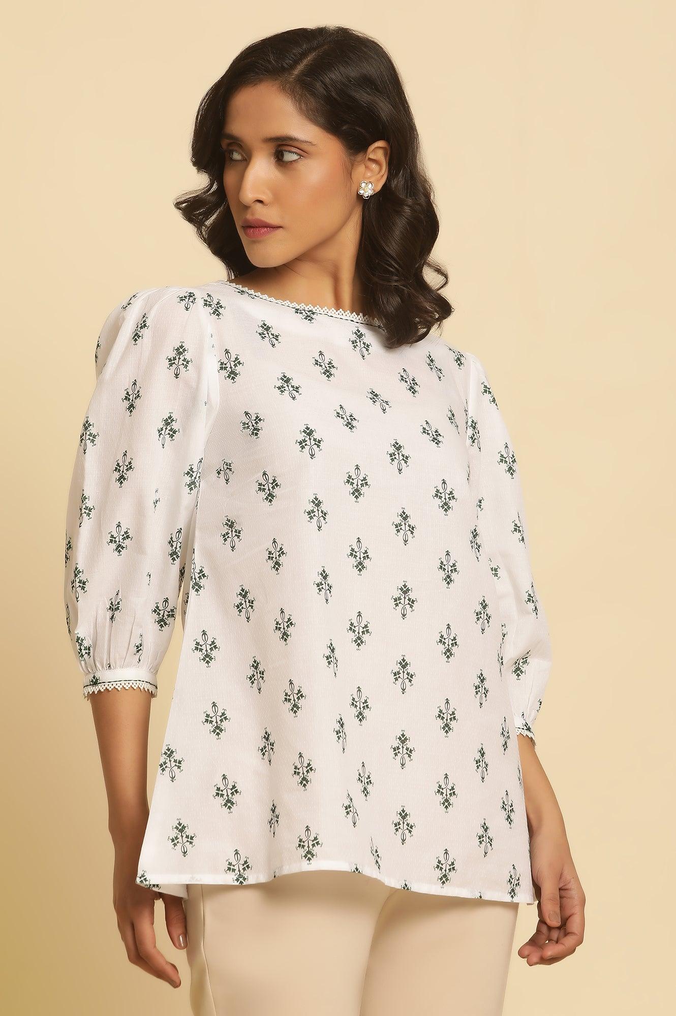 White Printed Top Wit Lace And Puffed Sleeves - wforwoman