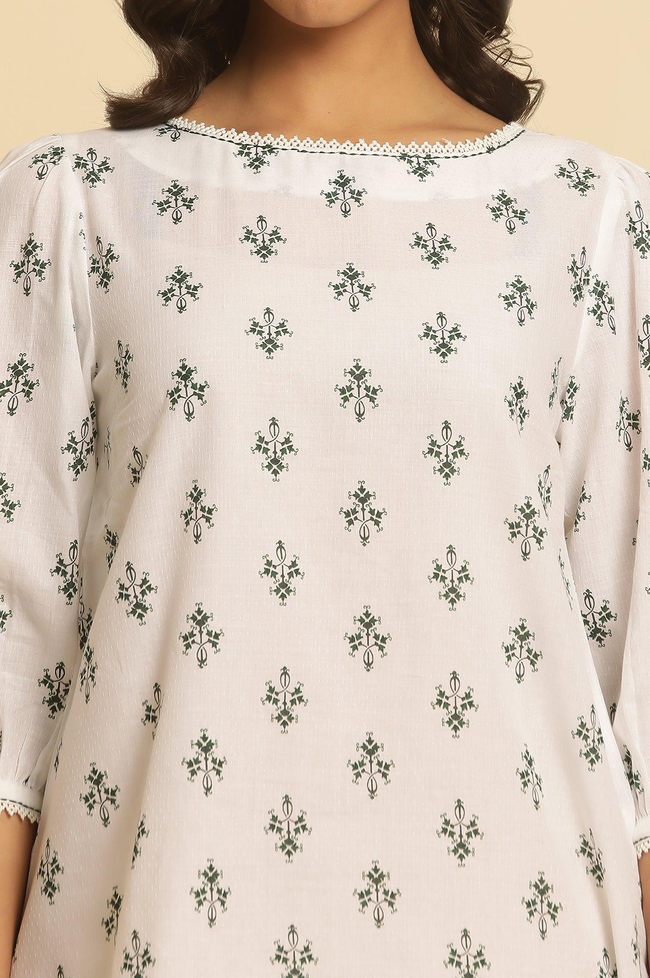 White Printed Top Wit Lace And Puffed Sleeves - wforwoman